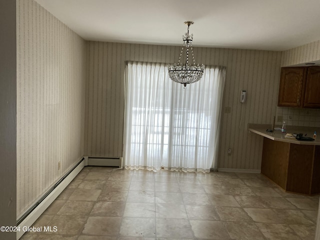 unfurnished dining area with a baseboard radiator and a notable chandelier