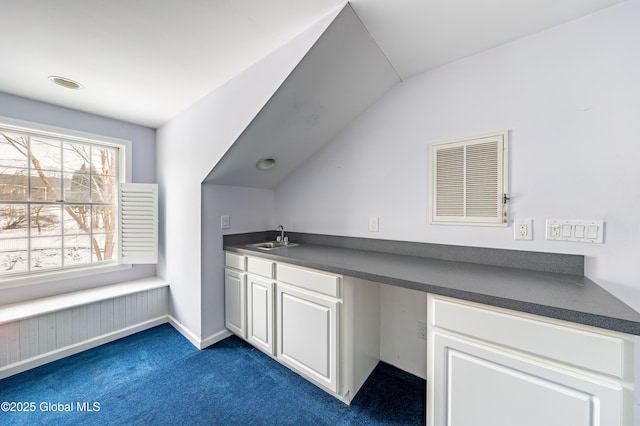 interior space featuring vaulted ceiling and sink