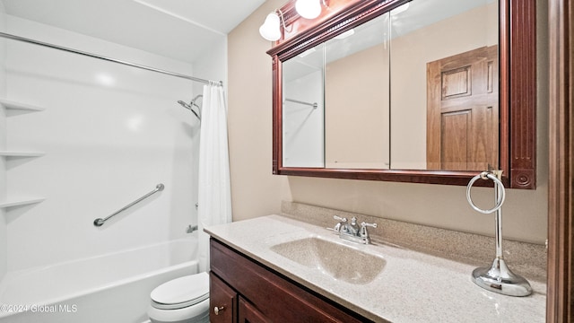 full bathroom featuring vanity, shower / bath combo, and toilet