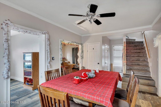 dining space featuring ceiling fan, hardwood / wood-style floors, plenty of natural light, and ornamental molding