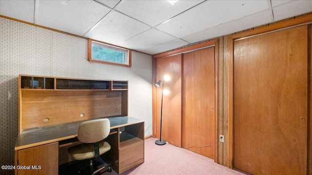 carpeted office with a paneled ceiling