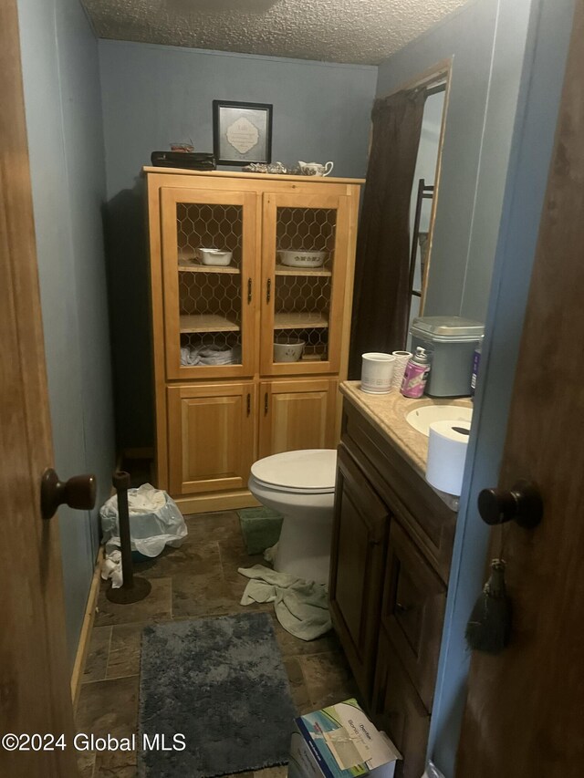 bathroom featuring vanity, stone finish floor, toilet, and a textured ceiling