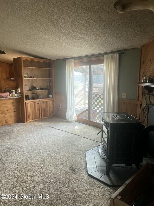 238 Mcewan Rd, Canajoharie, NY 13317 - living room featuring a wood stove, wooden walls, a textured ceiling, wainscoting, and carpet