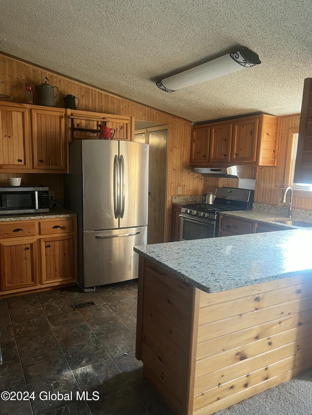 kitchen featuring under cabinet range hood, wood walls, vaulted ceiling, stainless steel appliances, and a sink