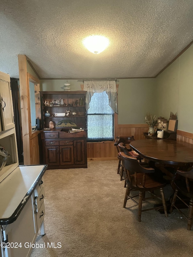 dining area featuring light carpet, a textured ceiling, lofted ceiling, and wainscoting