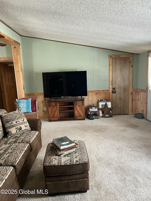 living room featuring carpet flooring, a textured ceiling, and wainscoting