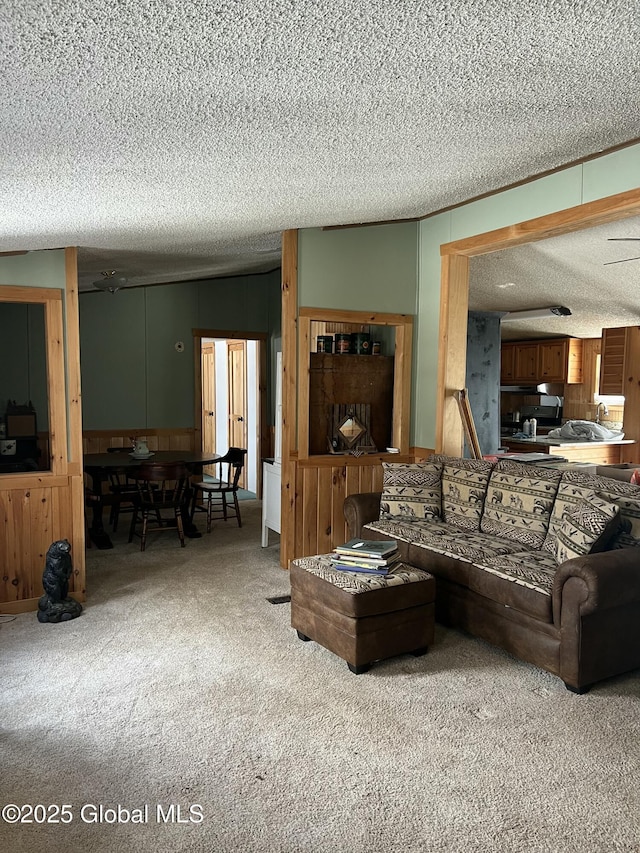 living room with a textured ceiling and carpet floors