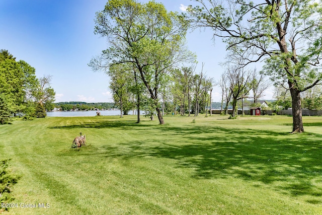 view of home's community with a lawn and a water view