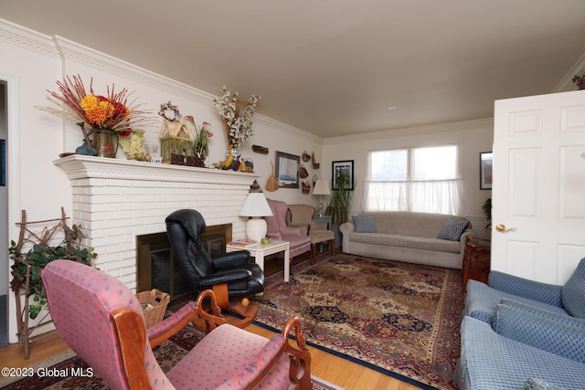 living room featuring a fireplace, hardwood / wood-style floors, and ornamental molding