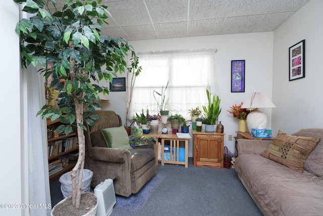 carpeted living room with a drop ceiling