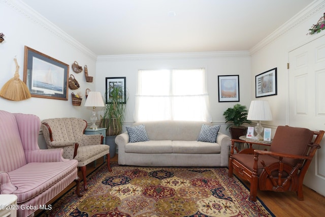 living room featuring dark hardwood / wood-style flooring and crown molding