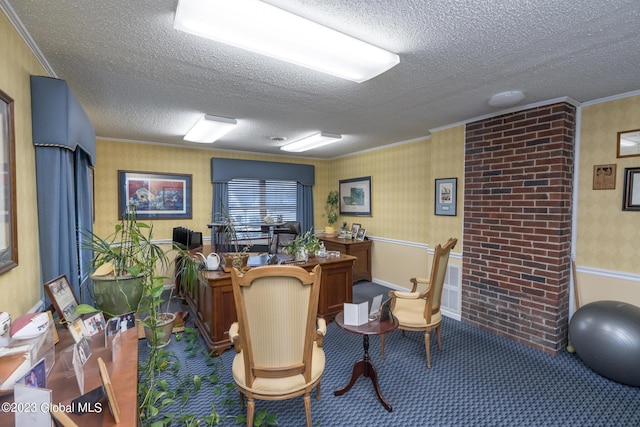 office space with carpet, a textured ceiling, and crown molding