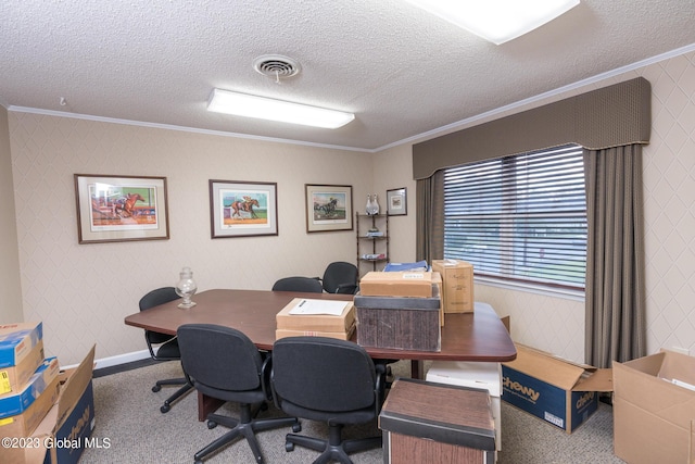 office area featuring crown molding, carpet, and a textured ceiling