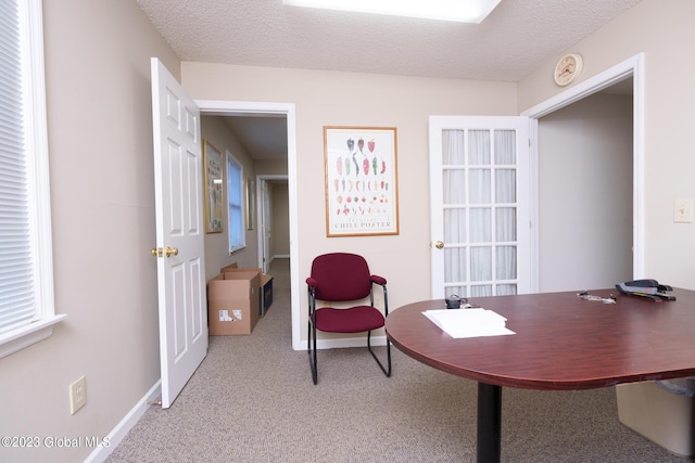 office featuring light colored carpet and a textured ceiling