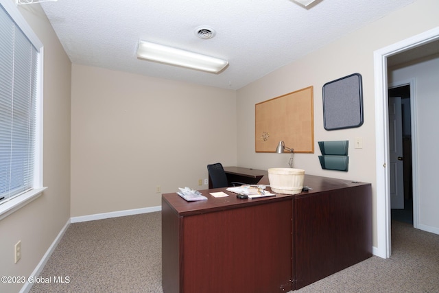 office space featuring light carpet and a textured ceiling