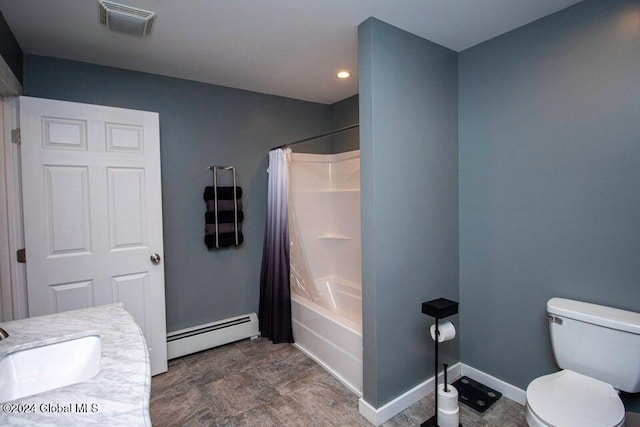 full bathroom featuring baseboard heating, vanity, shower / bath combo, and toilet