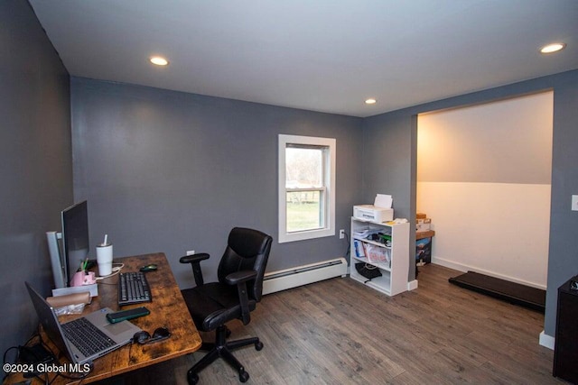 office space featuring dark wood-type flooring and a baseboard heating unit