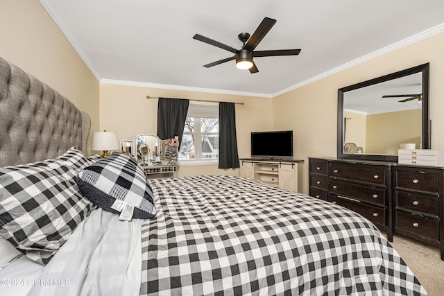 bedroom with ceiling fan, crown molding, and light carpet