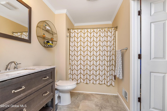 full bathroom with vanity, toilet, crown molding, and shower / tub combo with curtain