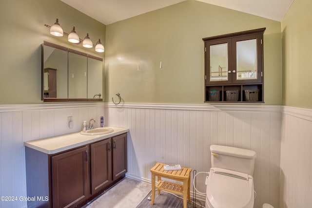 bathroom featuring vanity, wood walls, toilet, and vaulted ceiling