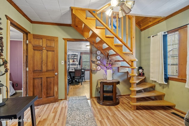 foyer with plenty of natural light, ceiling fan, light wood-type flooring, and crown molding