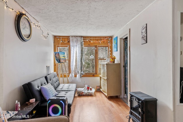 living room with hardwood / wood-style floors and a wood stove