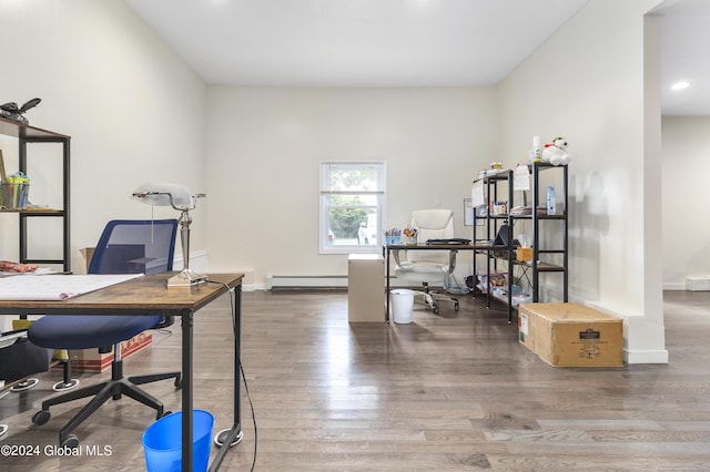 office space featuring dark hardwood / wood-style flooring and a baseboard radiator