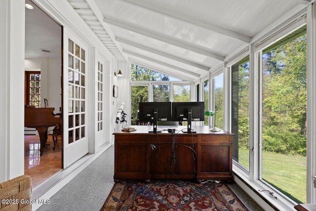 office featuring lofted ceiling with beams