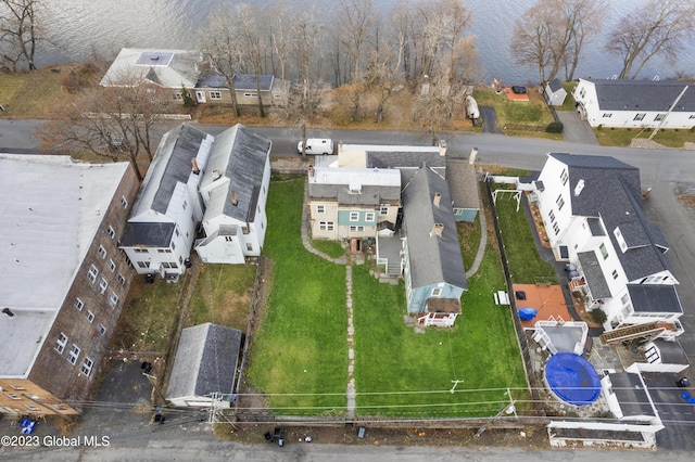 drone / aerial view featuring a water view