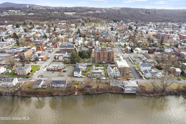 bird's eye view with a water view