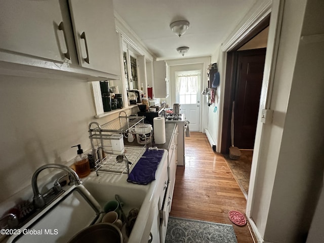 kitchen featuring crown molding, light wood-type flooring, white cabinetry, and sink