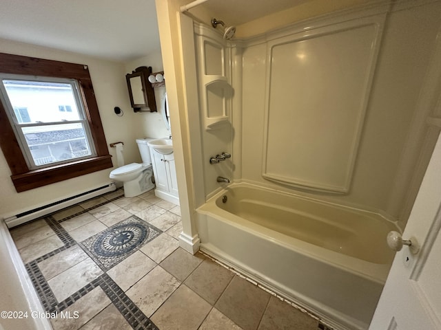 full bathroom with vanity, toilet, bathtub / shower combination, and a baseboard radiator