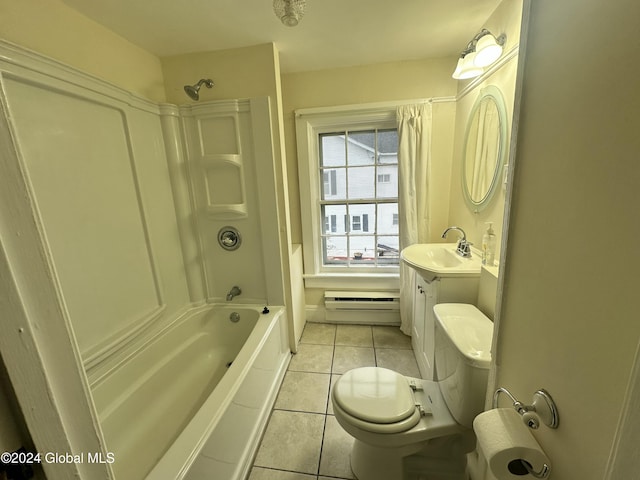 full bathroom with toilet, vanity, tile patterned floors, and baseboard heating