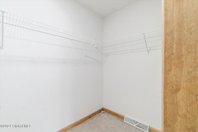 spacious closet featuring light colored carpet and visible vents