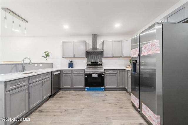 kitchen featuring stainless steel appliances, tasteful backsplash, gray cabinetry, and wall chimney range hood