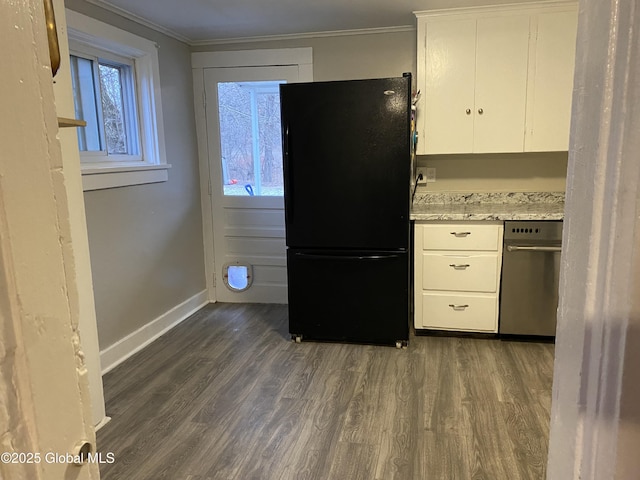 kitchen featuring black fridge, white cabinetry, ornamental molding, and dark hardwood / wood-style flooring