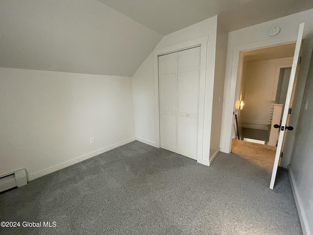 bonus room with carpet floors, baseboard heating, and lofted ceiling