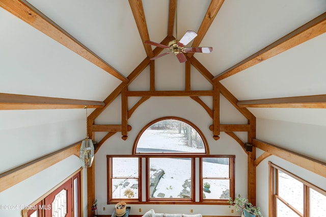 details with ceiling fan and beamed ceiling