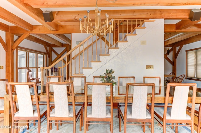 unfurnished dining area with beamed ceiling and a chandelier