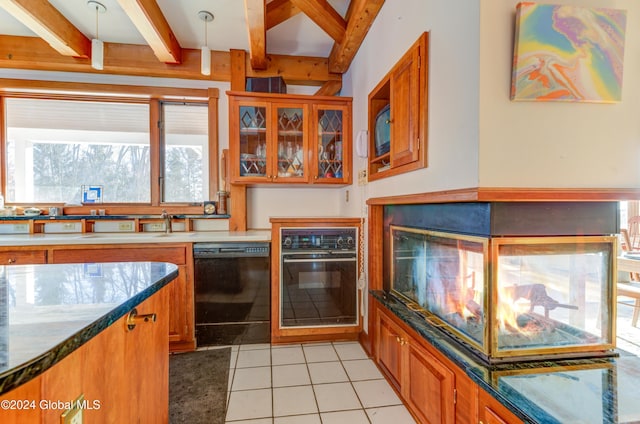 kitchen featuring black appliances, pendant lighting, light tile patterned floors, and beamed ceiling