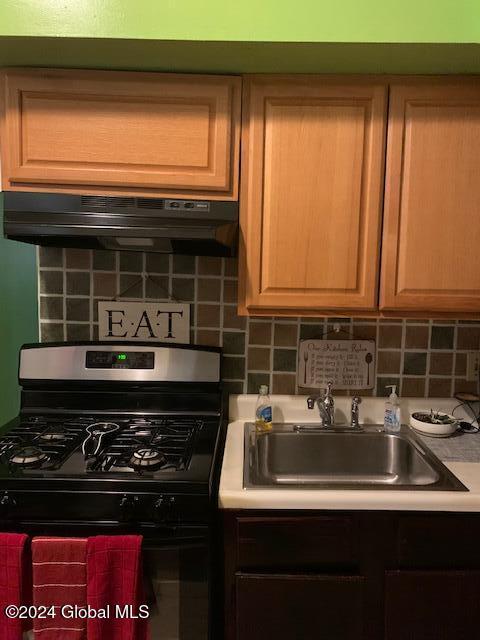 kitchen with black gas stove, tasteful backsplash, and sink