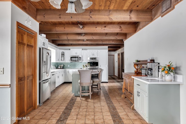 kitchen with ceiling fan, wood ceiling, appliances with stainless steel finishes, white cabinetry, and backsplash