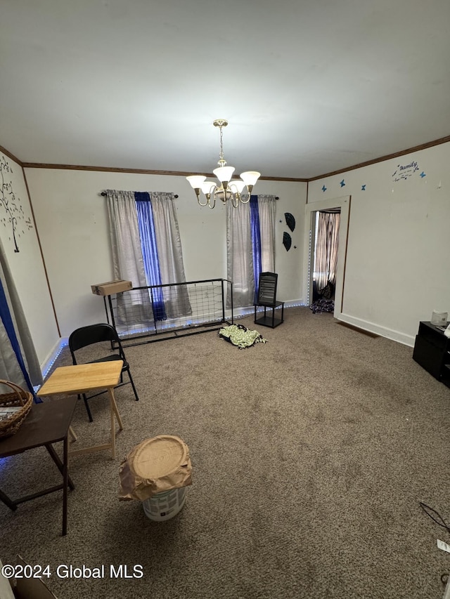 unfurnished dining area with a chandelier, carpet floors, and ornamental molding