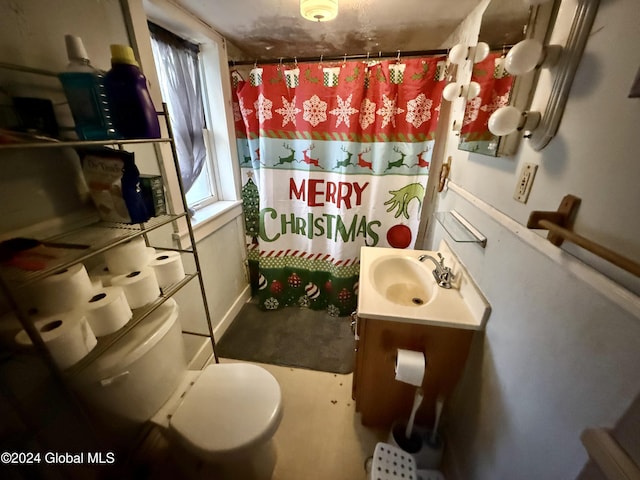 bathroom featuring vanity, a shower with shower curtain, and toilet