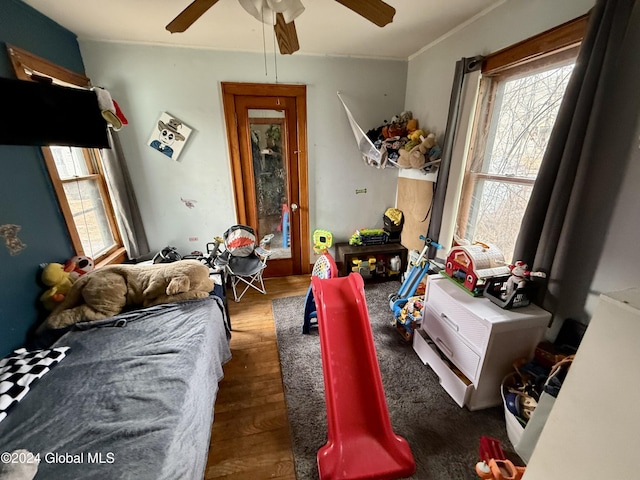 interior space featuring ceiling fan, dark hardwood / wood-style flooring, and crown molding