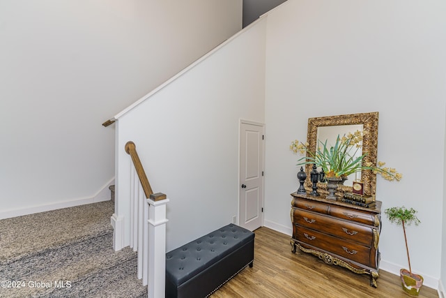 staircase featuring hardwood / wood-style flooring and a high ceiling