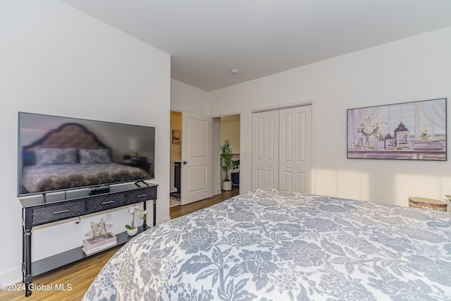 bedroom with hardwood / wood-style floors and a closet
