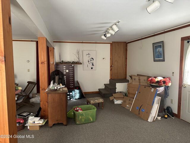 interior space featuring stairway, rail lighting, and carpet floors