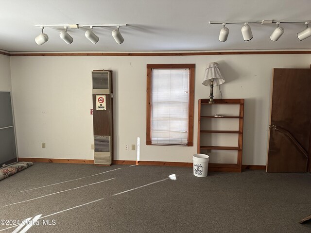 empty room featuring crown molding, baseboards, a heating unit, and carpet floors