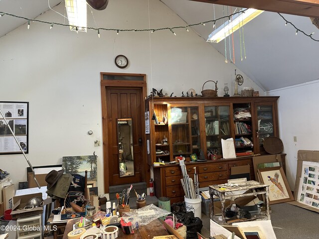 miscellaneous room featuring high vaulted ceiling